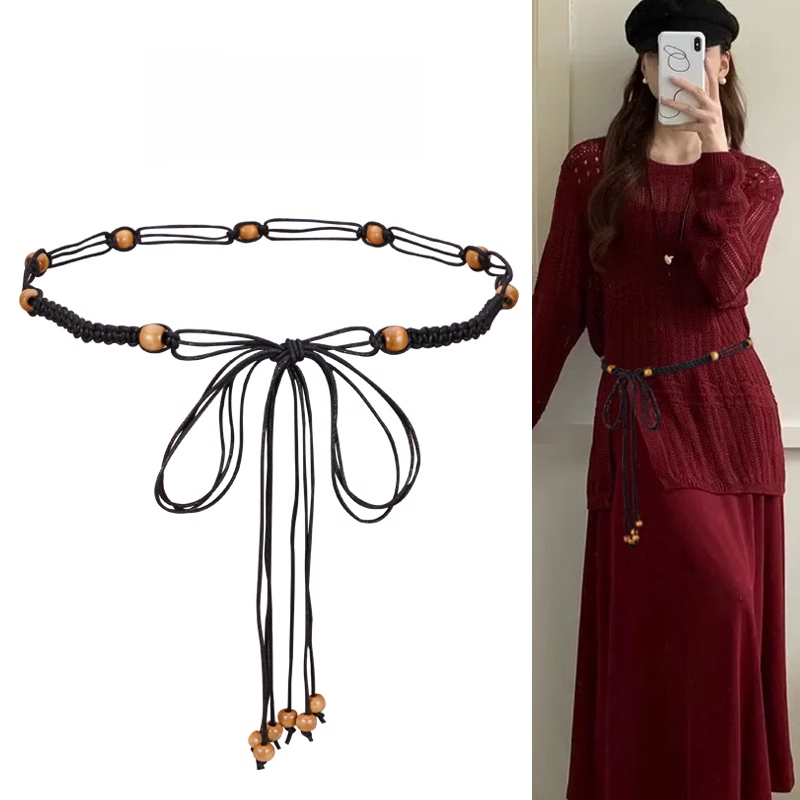 腰带配饰女波西米亚编织腰绳流苏细装饰连衣裙配裙子毛衣棕色皮带