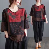 中老年母亲节宽松短袖 民族风撞色棉麻V领T恤女妈妈夏装 轻薄款 上衣