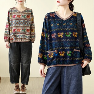 新国风复古棉麻上衣长袖妈妈女春秋装新款宽松设计感v领T恤打底衫