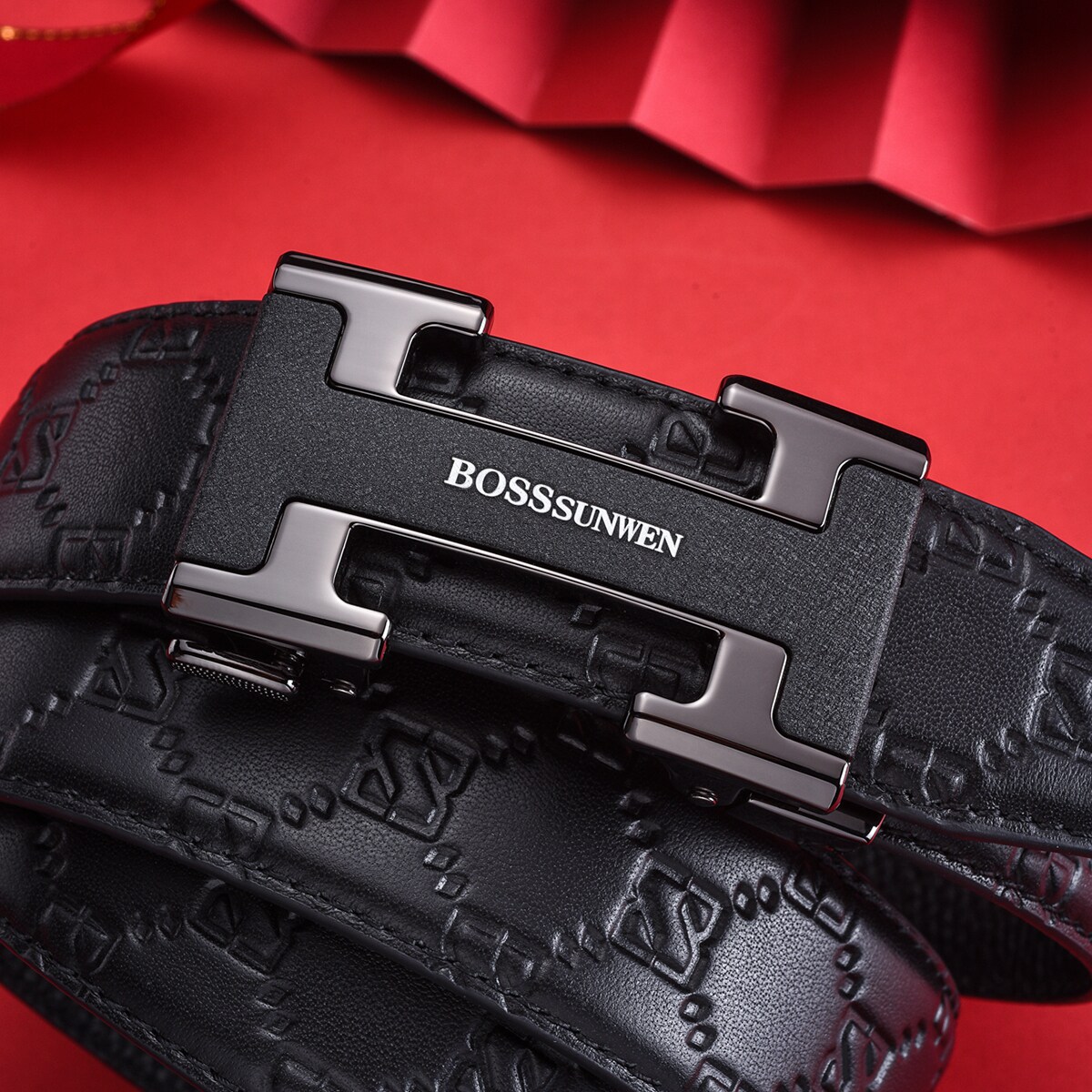 BOSSSUNWEN大牌字母H扣年轻男士皮带真皮自动扣头层牛皮裤带腰带