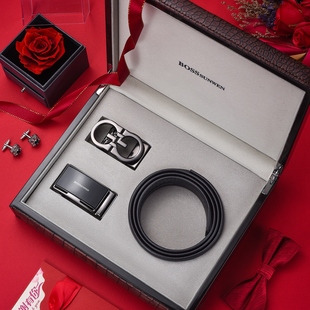 BOSSSUNWEN双扣头礼盒装真皮腰带男自动扣休闲高档皮带裤带送老公