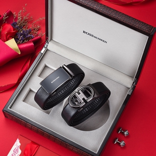 BOSSSUNWEN双扣头礼盒装时尚男士皮带真皮自动扣头层牛皮腰带裤带