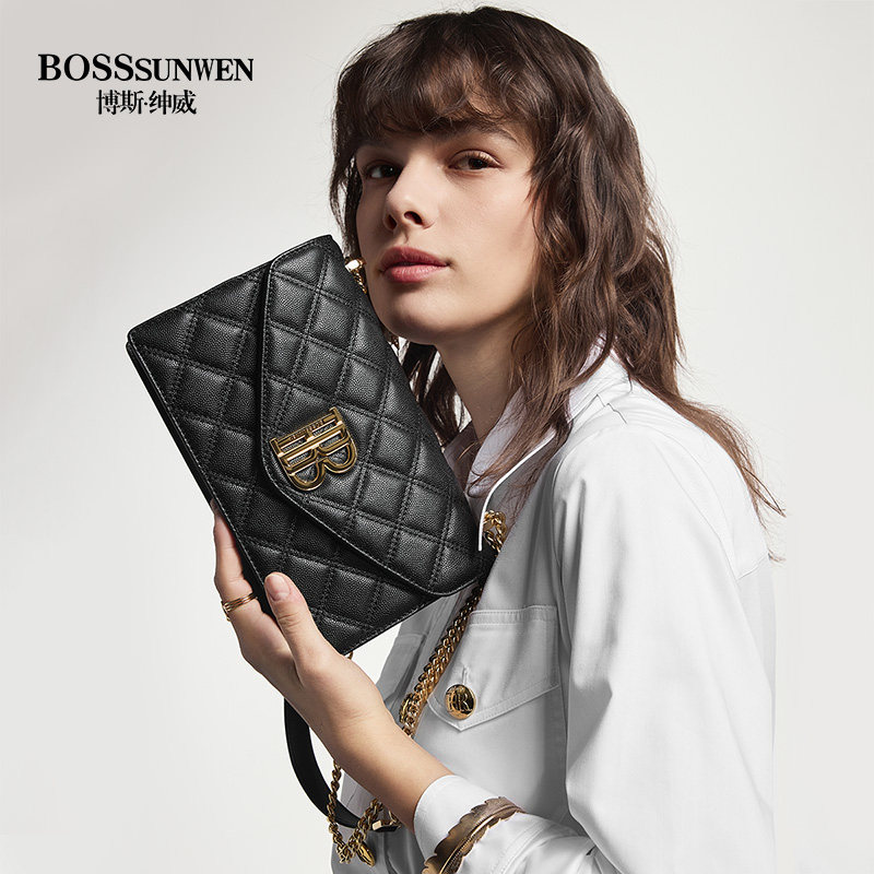 BOSSSUNWEN真皮链条菱格小方包
