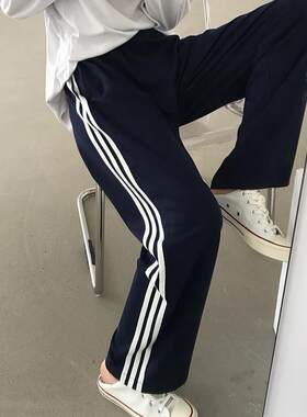 ins潮牌三条杠阔腿裤高腰