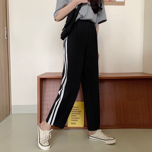 浙江杭州四季青女装大码裤子韩版休闲裤宽松直筒裤校服二三条纹裤
