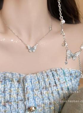 渐变蓝蝴蝶流苏项链配饰女夏季2025新款锁骨链轻奢小众高级感颈链