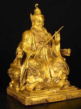 纯黄铜骑虎张天师坐像龙虎山持剑张道陵神像桌面装饰工艺品摆件