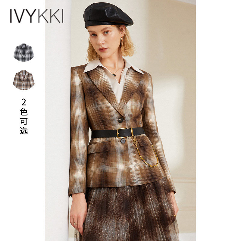 IVYKKI艾维奥莱女士秋冬季高端格子西装外套休闲复古上衣