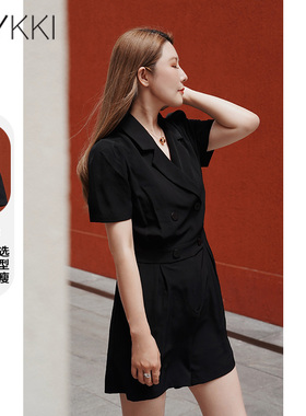 IVYKKI艾维奥莱2024新款泡泡袖黑色高腰直筒显瘦连体裤休闲短裤女