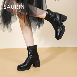 索兰高跟短靴女2025秋冬新款时尚气质方头粗跟时装靴子25DT39518