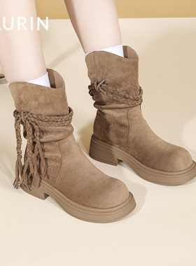 索兰西部靴女2025秋冬新款波西米亚风短筒显瘦堆堆靴25DX28505