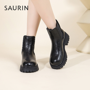 索兰切尔西靴女2025秋冬新款复古英伦显瘦气质粗跟短靴25DYL28509