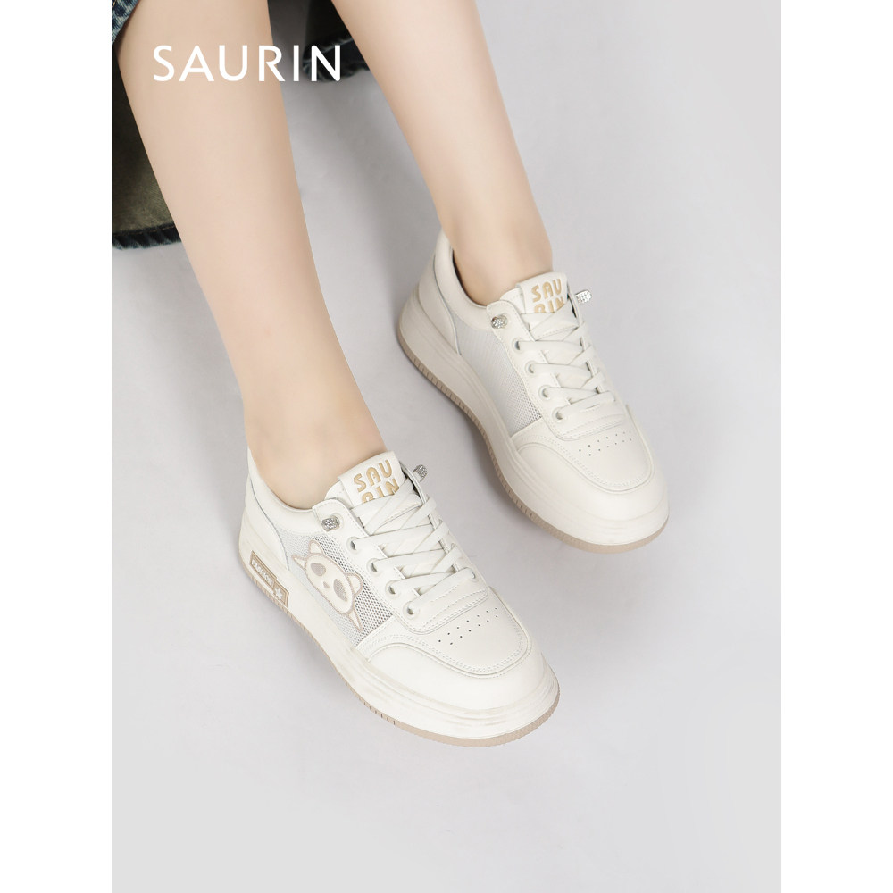 索兰休闲鞋女2024春季新款时尚熊猫透气圆头厚底小白鞋24ax25224