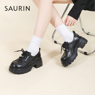 索兰乐福鞋女2025秋新款英伦风系带小皮鞋厚底增高单鞋25CYL28174