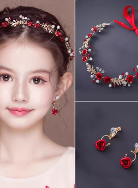 儿童红色头饰花童婚纱配饰女童生日发箍走秀演出舞蹈花环钢琴演出