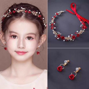 儿童红色头饰花童婚纱配饰女童生日发箍走秀演出舞蹈花环钢琴演出