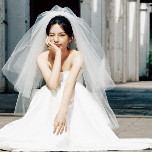 新娘主婚纱头纱蓬蓬纱婚纱拍照道具结婚高级感短款 领证登记求婚白