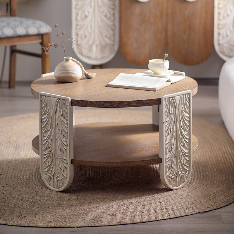 诧寂风双层圆茶几客厅雕花小圆桌实木沙发边摆放茶餐厅特色矮边几