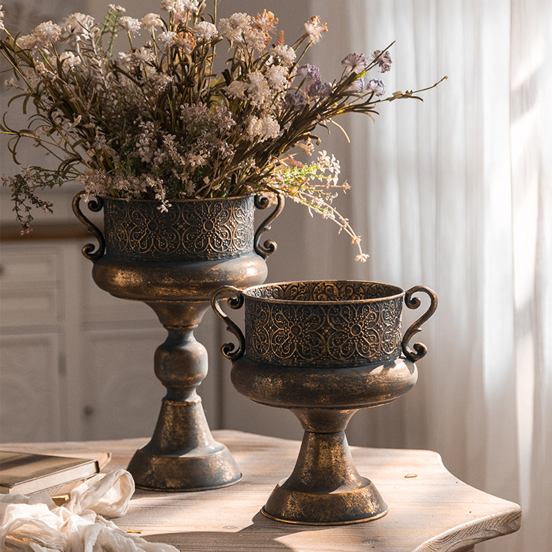 外贸家居饰品仿古做旧铁艺花盆庭院装饰花器双耳干花摆件拍摄道具,家居饰品,装饰摆件,淘宝优惠券,粉丝福利购,淘宝优惠卷