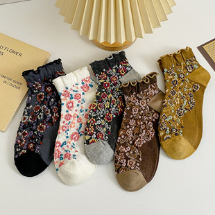 四季 袜子女短袜民族风复古木耳边花边棉袜短筒袜子女士春夏季 薄款