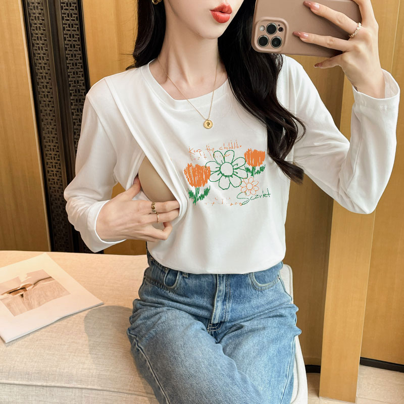 哺乳衣春秋纯棉打底衫产后长袖T恤外穿花朵印花休闲侧开喂奶上衣