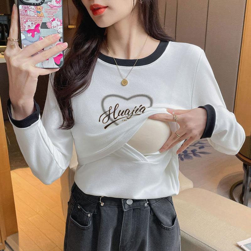 春秋纯棉上掀哺乳衣产后长袖T恤外穿爱心字母月子期简约喂奶上衣