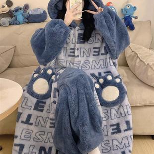 秋冬季睡袍女款珊瑚绒睡衣加厚加绒卡通可爱学生加大码胖mm家居服