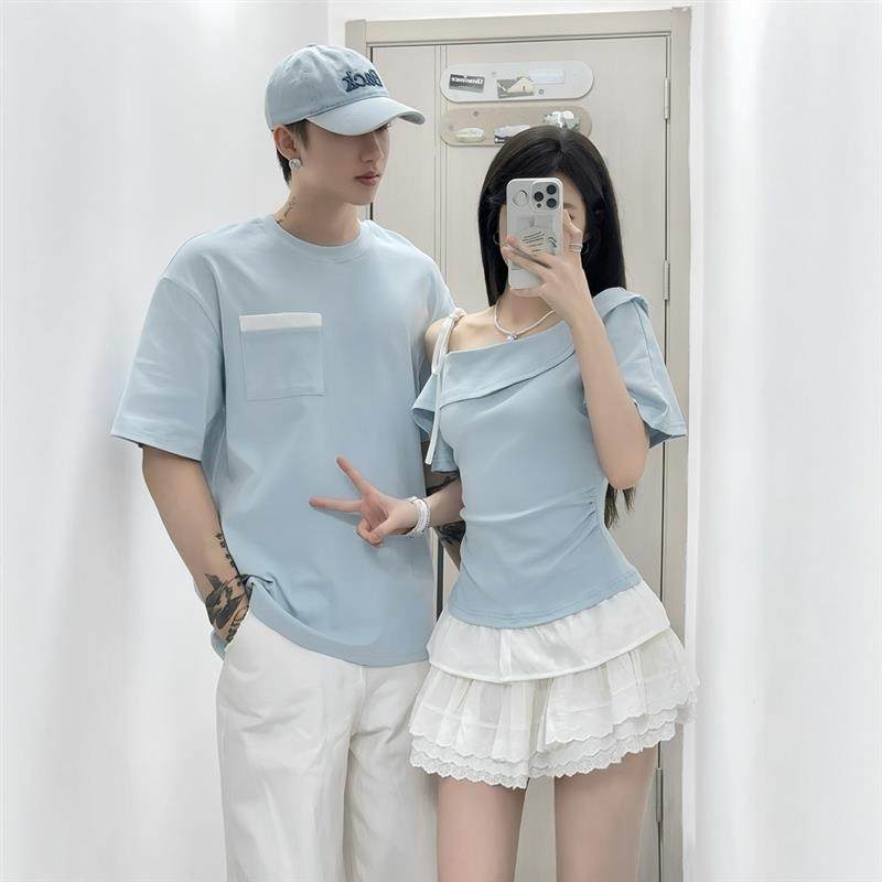 2025新款情侣装夏季法式设计感温柔风百搭上衣ins超火斜肩短袖潮,男装,T恤,淘宝优惠券,粉丝福利购,淘宝优惠卷