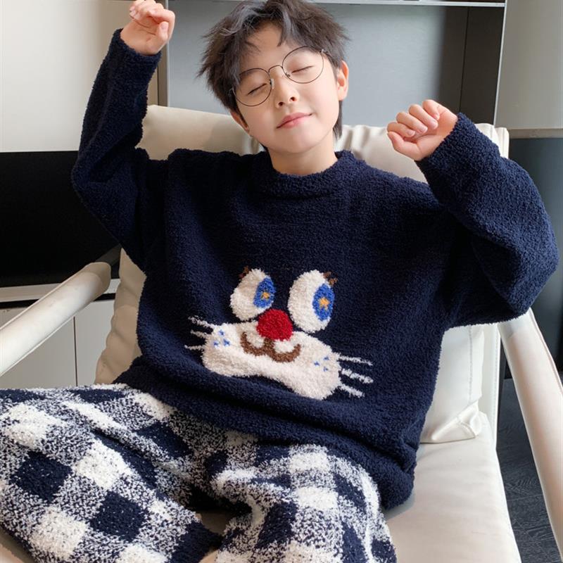 男童珊瑚绒睡衣冬季2025新款中大童秋冬款男孩儿童加绒加厚家居服