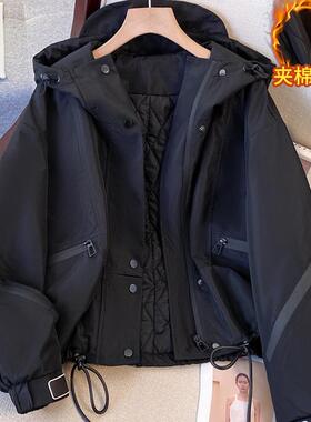 黑色派克服棉服女款2025新款冬季短款巨好看的工装冲锋衣夹棉外套