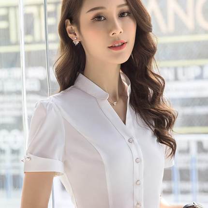 V立领短袖白色职业修身衬衫女工装衬衣足浴技师服务员工作服夏季