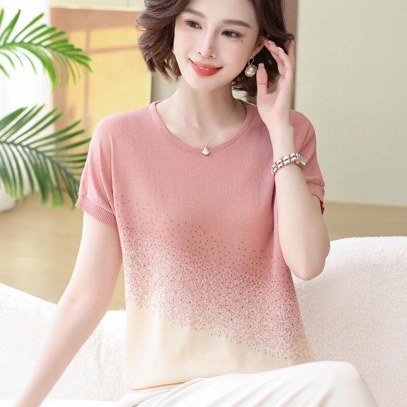 妈妈夏装2025新款冰丝短袖小衫洋气小个子妇女上衣中老年母亲t恤