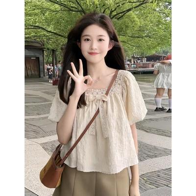 小个子法式蕾丝雪纺衫女夏季高级感显瘦泡泡袖短款上衣小众设计感