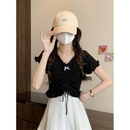 黑色针织短袖T恤女夏抽绳设计感小众短款露脐别致小衫v领正肩上衣