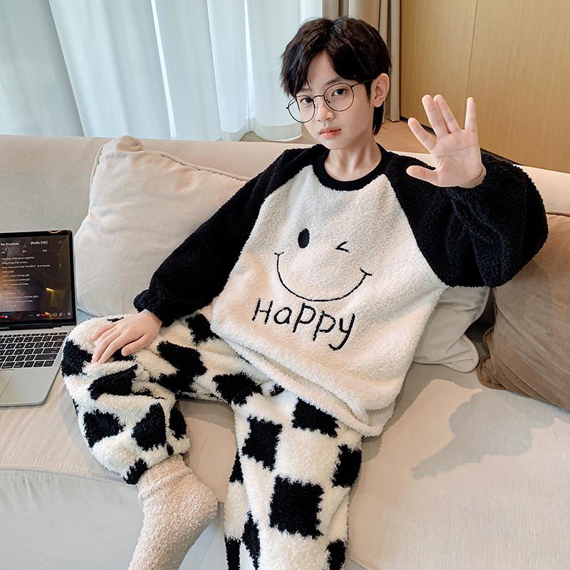 儿童装男童睡衣春秋冬款家居服加绒男孩冬季加厚珊瑚绒大童法兰绒