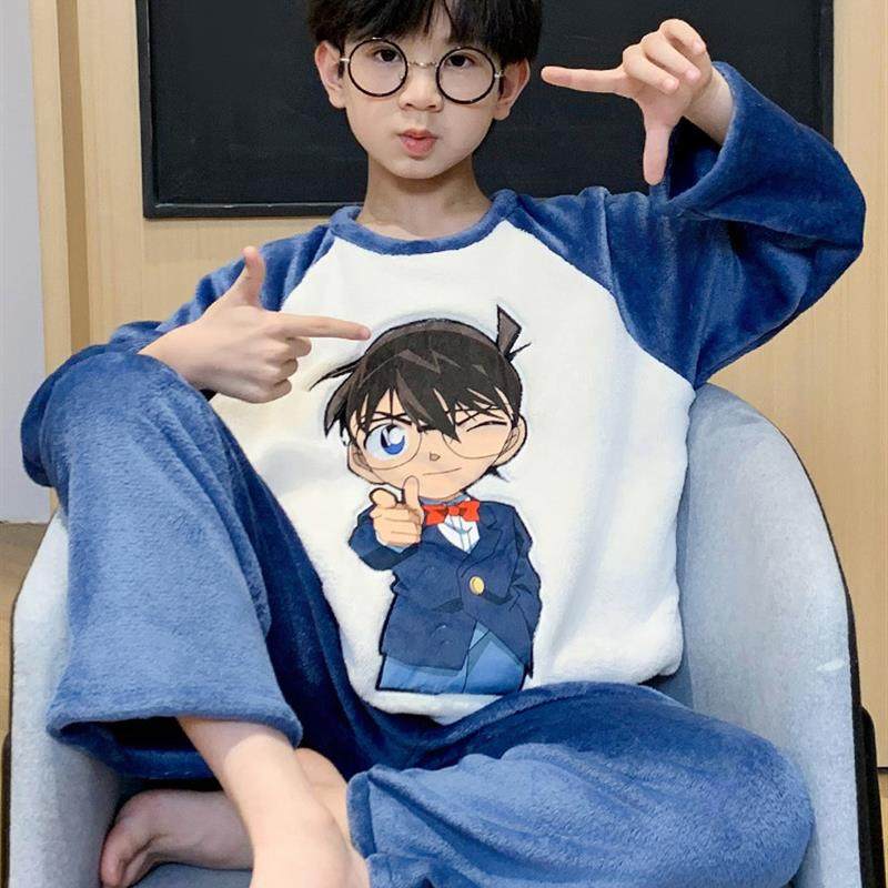 儿童睡衣春秋冬天薄绒保暖柯南卡通法兰绒男孩子珊瑚绒家居服套装,童装/婴儿装/亲子装,家居服套装,淘宝优惠券,粉丝福利购,淘宝优惠卷