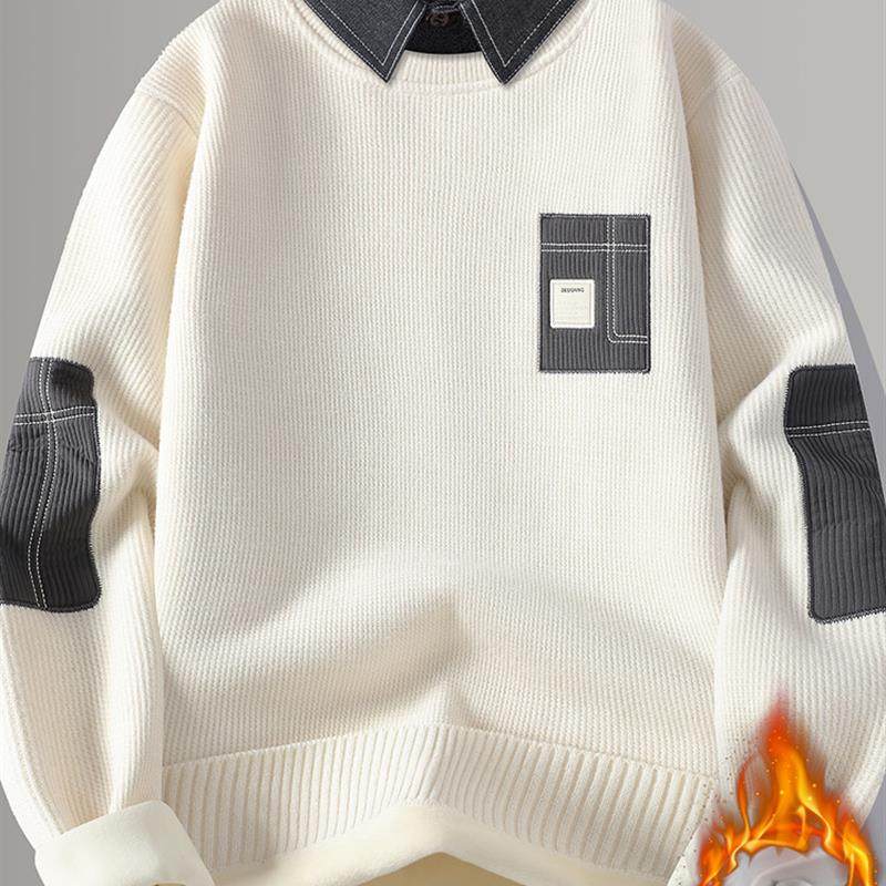 衬衫领一体绒毛衣男秋冬款加绒加厚假两件长袖衬衣潮牌打底针织衫,男装,针织衫/毛衣,淘宝优惠券,粉丝福利购,淘宝优惠卷