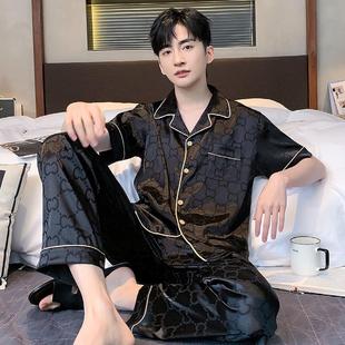 薄款 长裤 冰丝睡衣男夏季 短袖 仿真丝绸套装 轻奢爸爸家居服春秋套装