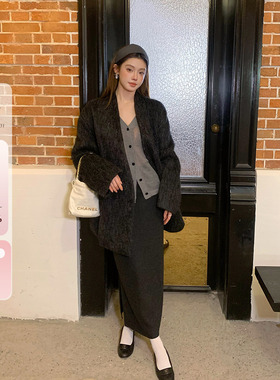 IUIU阿晶家 小立领微收腰毛昵外套女秋冬新款羊毛混纺中长款大衣