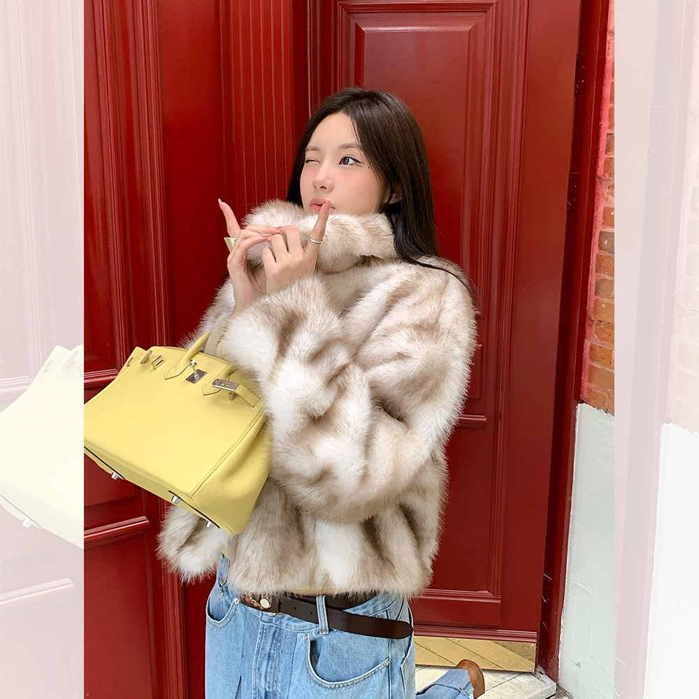 IUIU阿晶家 短款翻领环保皮草外套女冬季新款蓬松气质高级感上衣