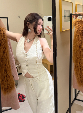 IUIU阿晶家 白色山茶花 手工编织小香套装气质名媛上衣长裤两件套