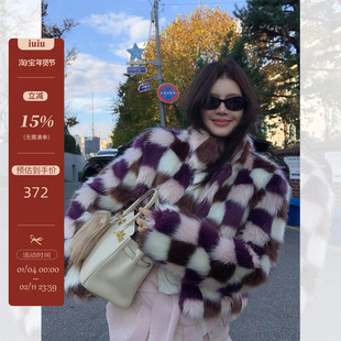 IUIU阿晶家 自制醒目复古彩色格子上衣女冬新品时髦环保皮草外套