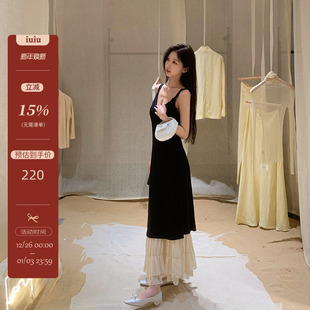 茶歇 法式 黑色气质撞色拼接连衣裙显瘦休闲V领长裙女 ONLINE IUIU