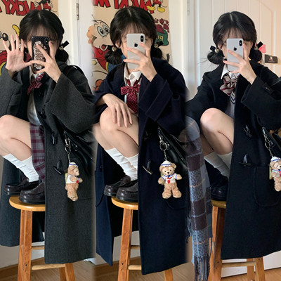 尘芒JK毛呢日系牛角扣大衣