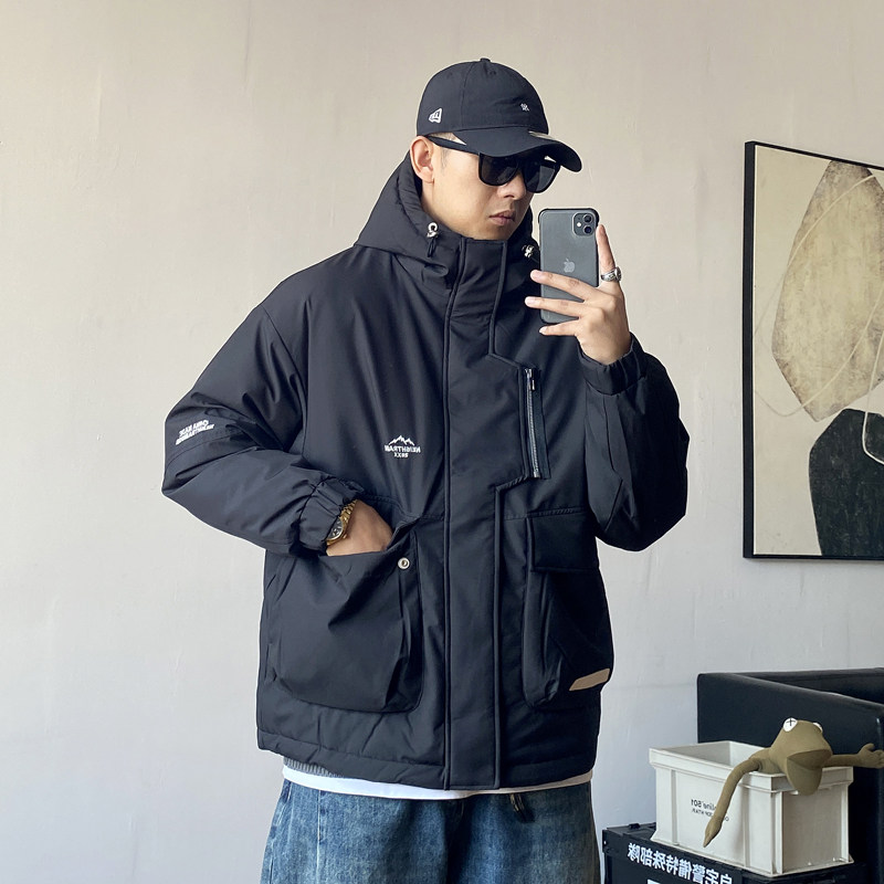 冬季美式休闲户外连帽工装羽绒服男宽松大码加肥加大加厚保暖外套
