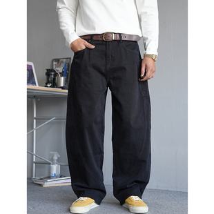 秋季美式复古痞帅重磅纯棉黑色工装裤男直筒宽松质感通勤弯刀裤子