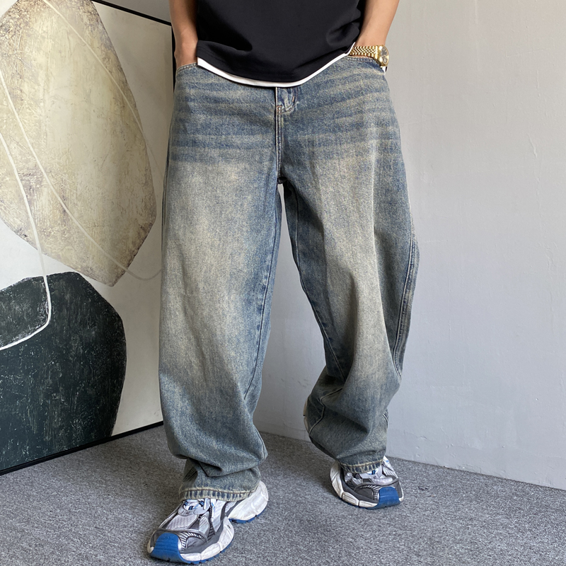 秋冬季美式休闲复古怀旧加绒牛仔裤男直筒宽松高街阔腿拖地老爹裤