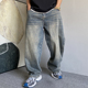 秋冬季 男直筒宽松高街阔腿拖地老爹裤 美式 休闲复古怀旧加绒牛仔裤