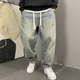 男直筒宽松抽绳高街锥形裤 美式 休闲痞帅水洗复古怀旧破洞牛仔裤 子