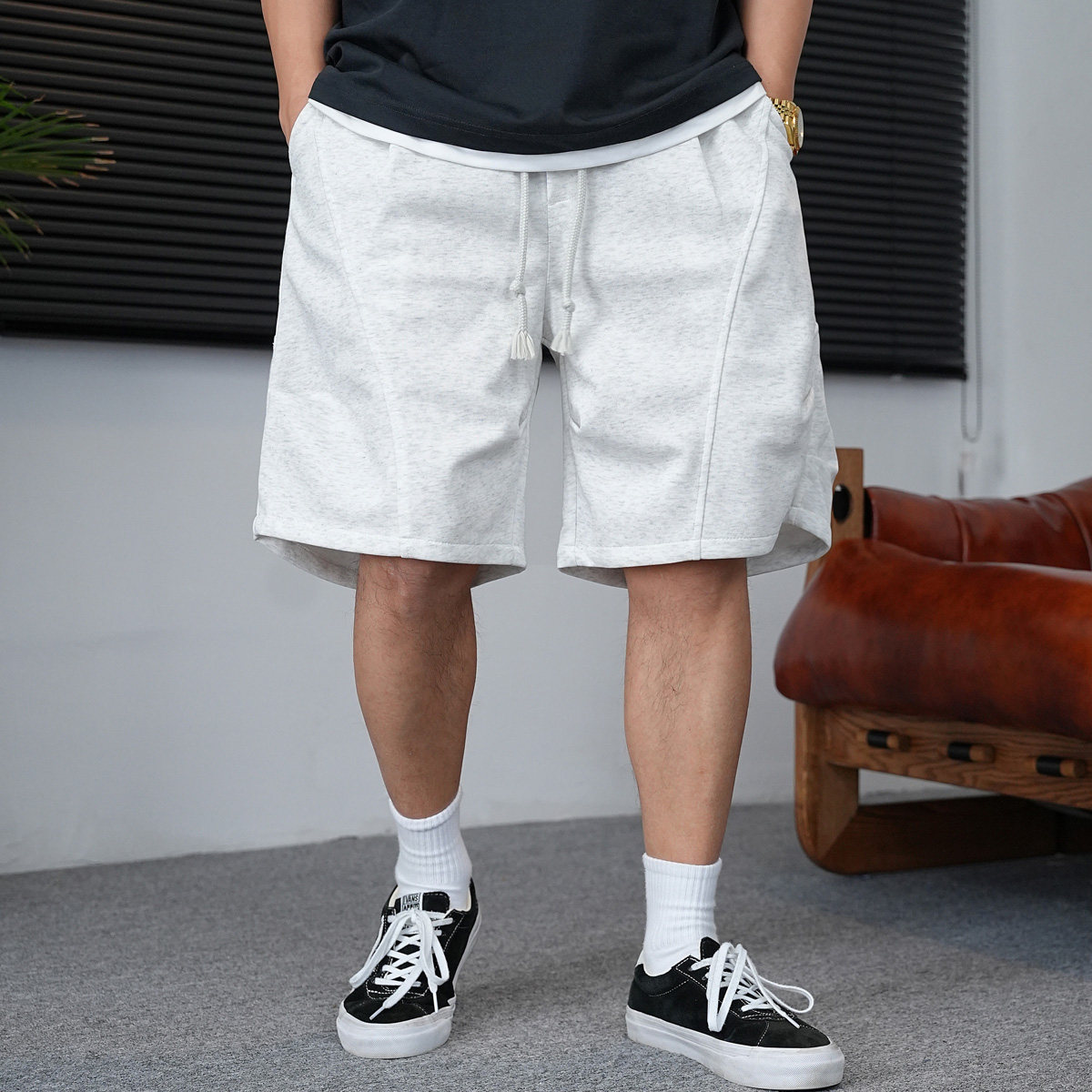 夏季美式休闲痞帅高端灰色针织短裤男宽松抽绳百搭运动五分裤子潮,男装,短裤,淘宝优惠券,粉丝福利购,淘宝优惠卷